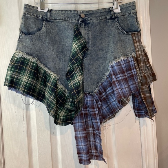 Plaid Patchwork Denim Skirt - Picture 2 of 16